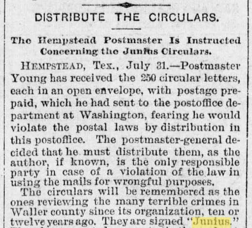 Postmaster Instructed Concerning The Junius Circulars.